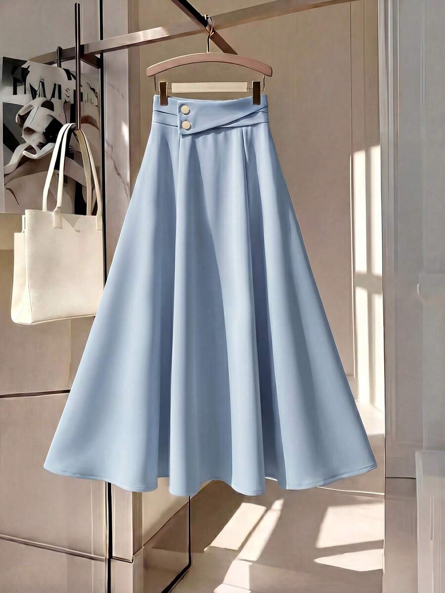 GlowEve 女士时尚优雅纽扣装饰荷叶边拉链半身裙 - 藍色 - 查看 1