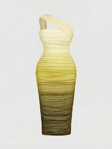 SHEIN MOD Plus Size Women's Elegant Olive Green Summer Wedding Guest Dress,Gradient Tie-Dye Asymmetrical One-Shoulder Pleated Bodycon Mini Dress For Parties - Mustard Yellow - View 5