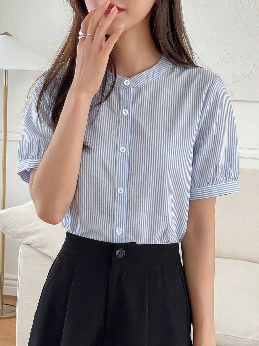 DAZY Áo sơ mi ngắn tay kẻ sọc kiểu dáng thường ngày dành cho nữ, mùa hè. - Màu xanh lam - Xem 1
