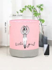 A Pink Folding Fabric Laundry Bucket With A Dancing Girl Design. - Pink - View 3