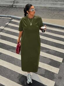 SHEIN EZwear 大码女式休闲日常通勤简约纯色落肩宽松T恤连衣裙 - 綠色 - 查看 4