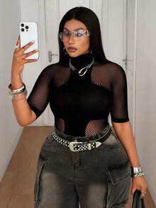 Maweii Plus Size Women's Solid Color Stand Collar Short Sleeve Fitted Fashionable Sexy Top, Summer - Black - View 3