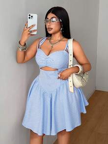 Maweii Plus Size Summer Casual Striped Hollow Out Camisole Dress - Blue - View 1