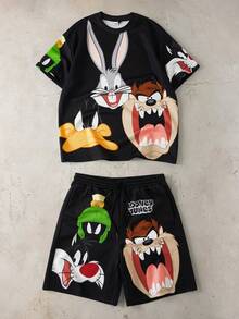 LOONEY TUNES X SHEIN Men's Casual Cartoon Print Short Sleeve T-Shirt And Drawstring Waist Shorts Set, Summer Daily Commute - Black - View 1