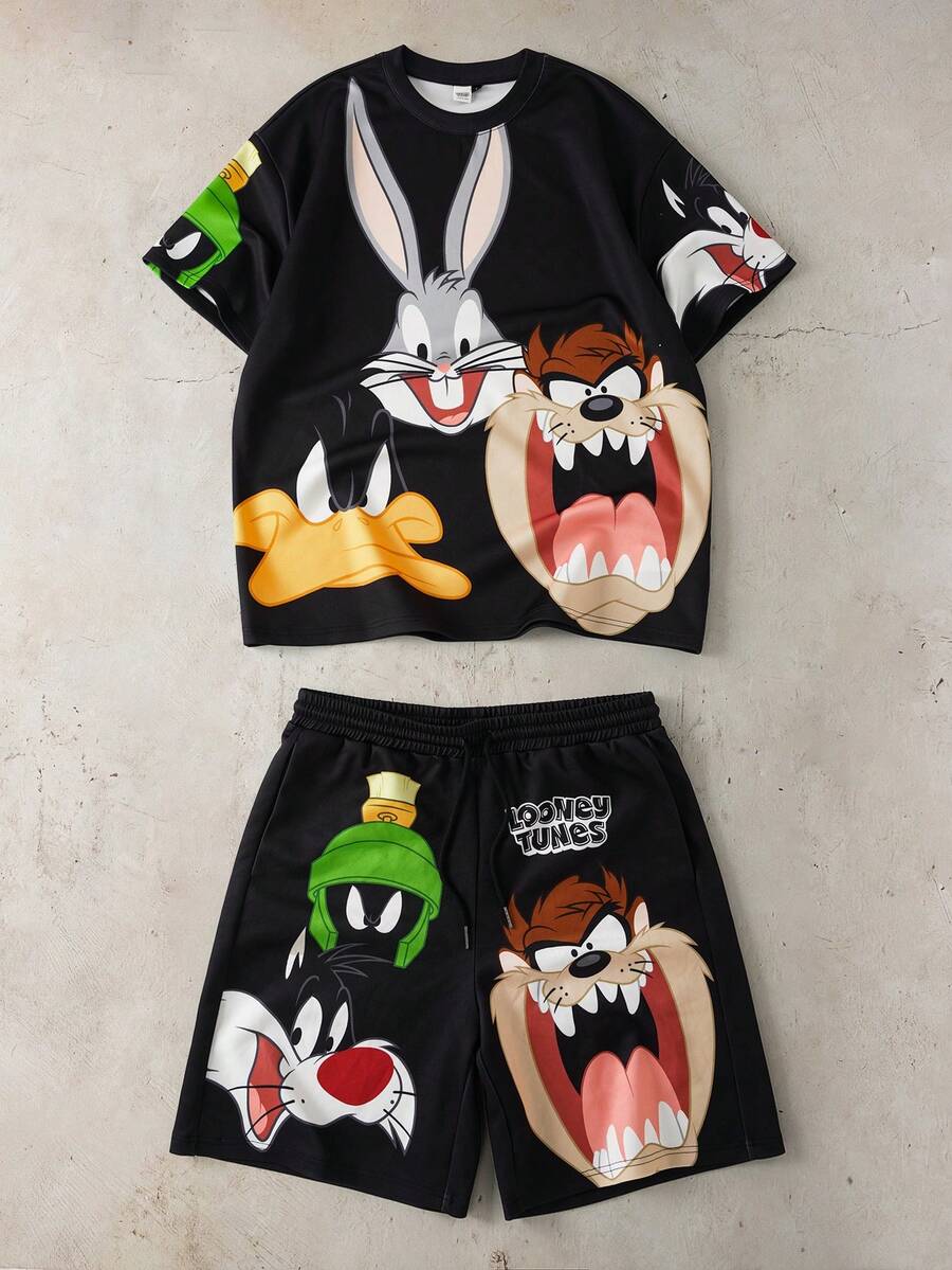LOONEY TUNES X SHEIN Men's Casual Cartoon Print Short Sleeve T-Shirt And Drawstring Waist Shorts Set, Summer Daily Commute - Black - View 1