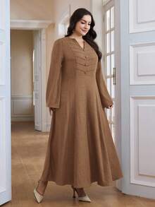 Al Najma Vestido de estilo árabe con cuello con muesca, manga acampanada y unicolor para mujer de talla grande, primavera/otoño - Caqui - Ver 5
