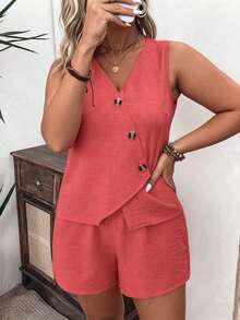 EMERY ROSE Plus Size Woven Casual Resort Summer Women's Two Pieces Set - Watermelon Pink - View 4