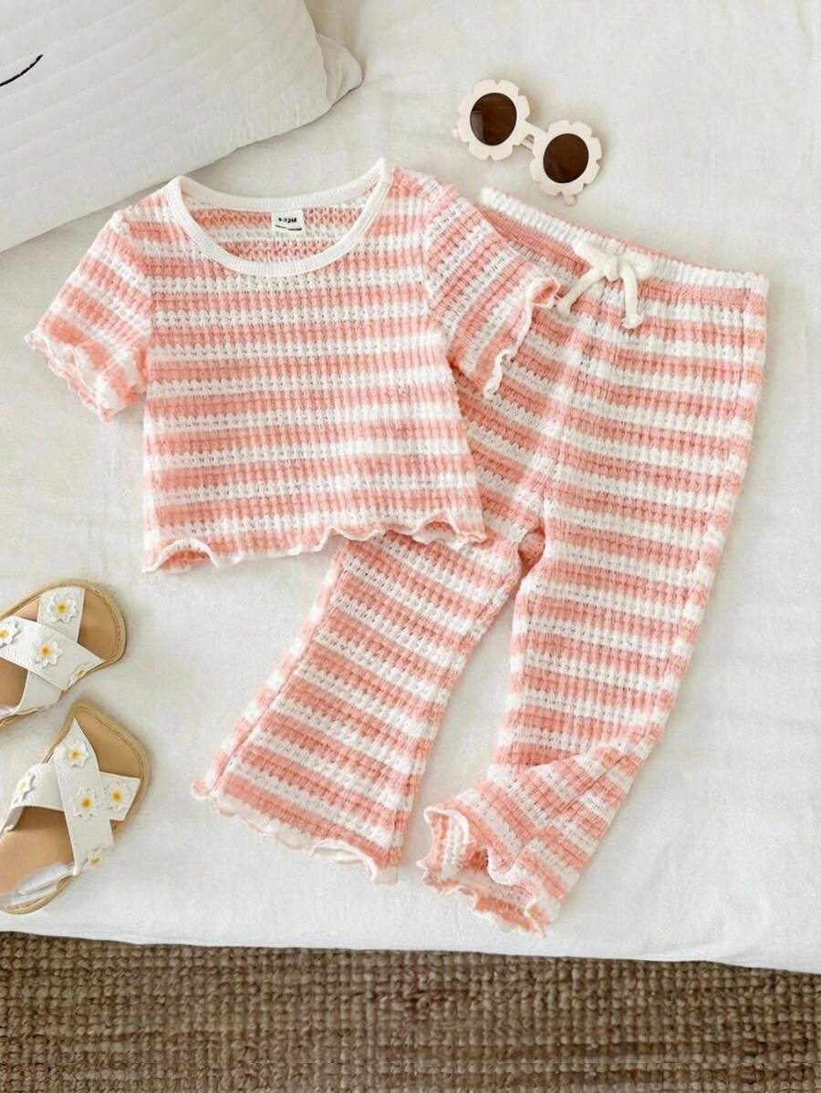 SHEIN 2pcs Baby Girl Cute Summer Casual Striped Short Sleeve Top And Elastic Waist Pants Set - Pink - View 1