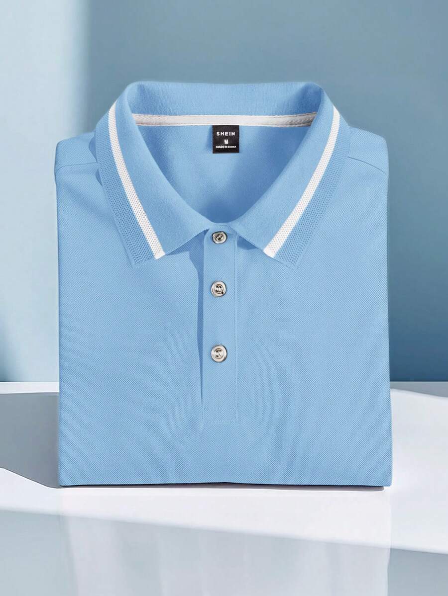 Calvornis 男士大尺碼短袖 Polo 衫,翻領設計,淺藍色與白色,夏季,休閒,高爾夫,老錢風,戶外活動,辦公室,復古,儀式 - 淺藍色 - 查看 1