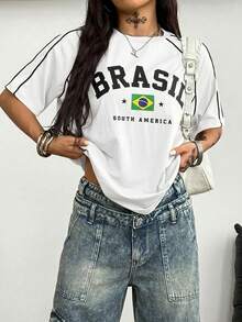 Coolane Women's Street-Style Y2K Cool Event Letter Printed Color-Blocked Short Sleeve Black T-Shirt - White - View 5