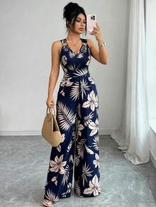 Rafferiza Bộ jumpsuit dáng suông, cổ chữ V, hở lưng, họa tiết lá cây, kiểu dáng thường ngày, thích hợp cho kỳ nghỉ, chất liệu kaki. - Màu xanh hải quân - Xem 4