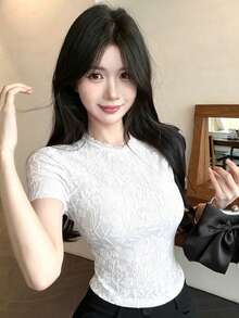 DAZY 白色碎花蕾丝短款上衣，适合婚礼、派对、音乐节等场合，修身短袖T恤，春夏款 - 白色 - 查看 6