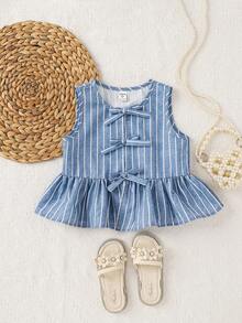 SHEIN Áo tank top cổ tròn kẻ sọc dệt kim kiểu dáng thường ngày dành cho bé gái - Màu xanh lam - Xem 3