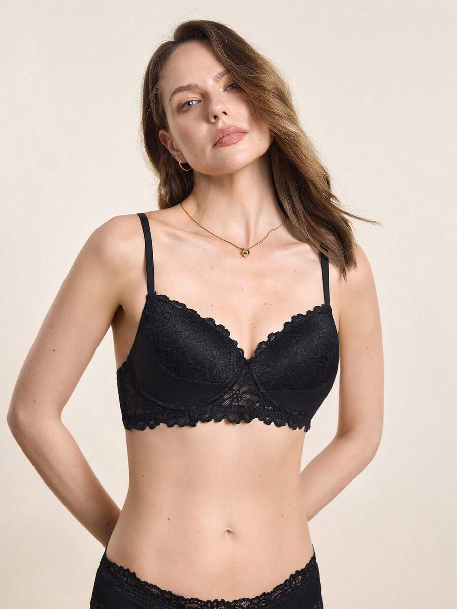 女士性感蕾丝加垫聚拢文胸 - 黑色 - 查看 1