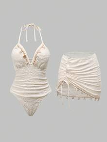 Swim Oasis Robe de plage pour femme avec décoration de coquillages, maillot de bain une pièce et jupe - Beige - Voir 4