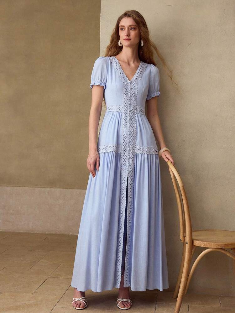 BLUE ROMANTIC CONTRAST GUIPURE LACE TRIM ELEGANT DRESS