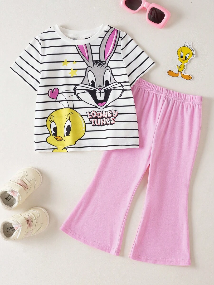LOONEY TUNES X SHEIN 女婴夏季休闲条纹卡通印花圆领短袖T恤和喇叭裤套装 - 彩色 - 查看 1