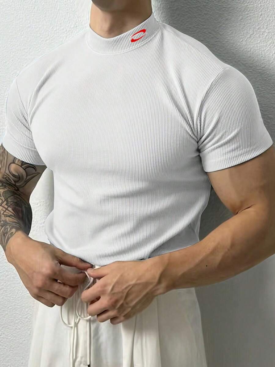 Voltform Men's Stand Collar Raglan Short Sleeve Slim Fit Ribbed Sports T-Shirt & Tank Top, Summer - White - View 1
