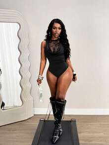 SHEIN BamGlam Áo liền thân không tay cổ khoét sâu bằng ren xuyên thấu gợi cảm dành cho nữ, thích hợp cho mùa hè. - màu đen - Xem 5