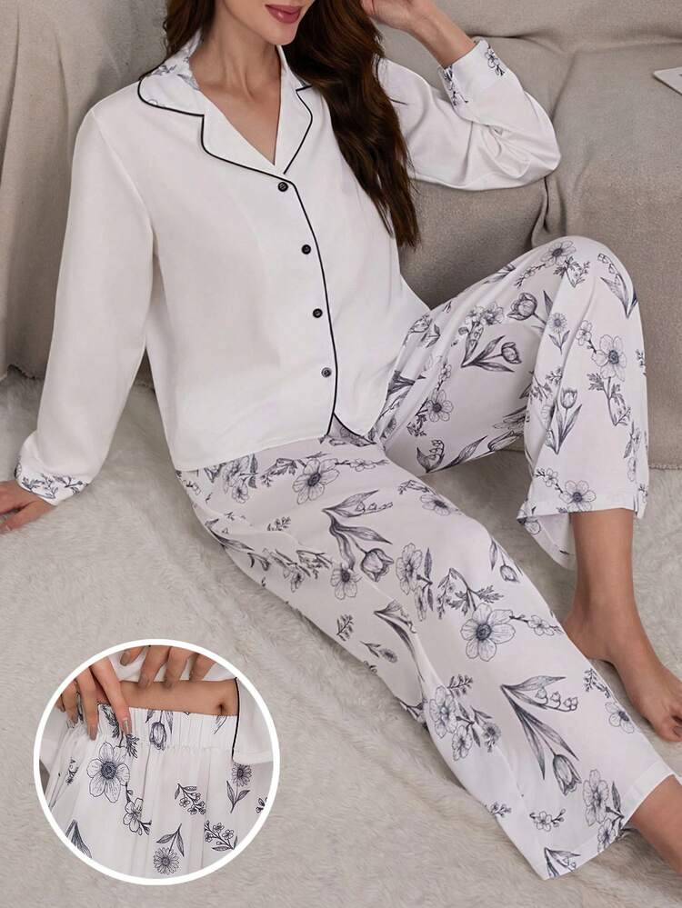 Elegant Satin Floral Patchwork Loose Women Pajama Set