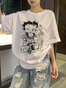 DAZY 女士休闲卡通印花宽松落肩T恤，适合夏季日常通勤 - 白色 - 查看 5