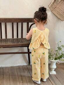 LMoss Kids 女婴格纹荷叶边休闲衬衫和宽松阔腿裤套装 - 彩色 - 查看 5