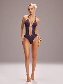 Y2Kool Bộ jumpsuit màu tím ánh kim lấp lánh khoét rỗng phong cách Y2K gợi cảm, năng động, thích hợp cho các bữa tiệc mùa xuân/hè, tụ họp, kỳ nghỉ trên đảo, lễ hội âm nhạc. - Màu tím - Xem 4