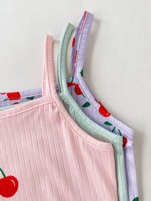 SHEIN 3件套女童粉色、白色和蓝色樱桃印花刺绣吊带背心和三角裤内裤套装，尺码偏小，建议选购大一码。 - 彩色 - 查看 3