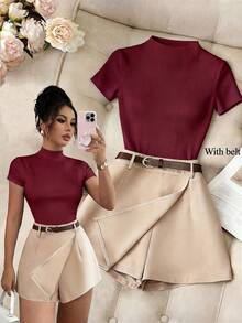 Franclia Bộ đồ nữ thanh lịch và giản dị gồm áo thun cổ cao tay ngắn màu trắng phối quần culottes ngắn dáng rộng màu kaki kèm thắt lưng, thích hợp mặc hàng ngày, dự tiệc, hẹn hò lãng mạn hoặc đi nghỉ mát. - Màu Đỏ Sâu - Xem 2