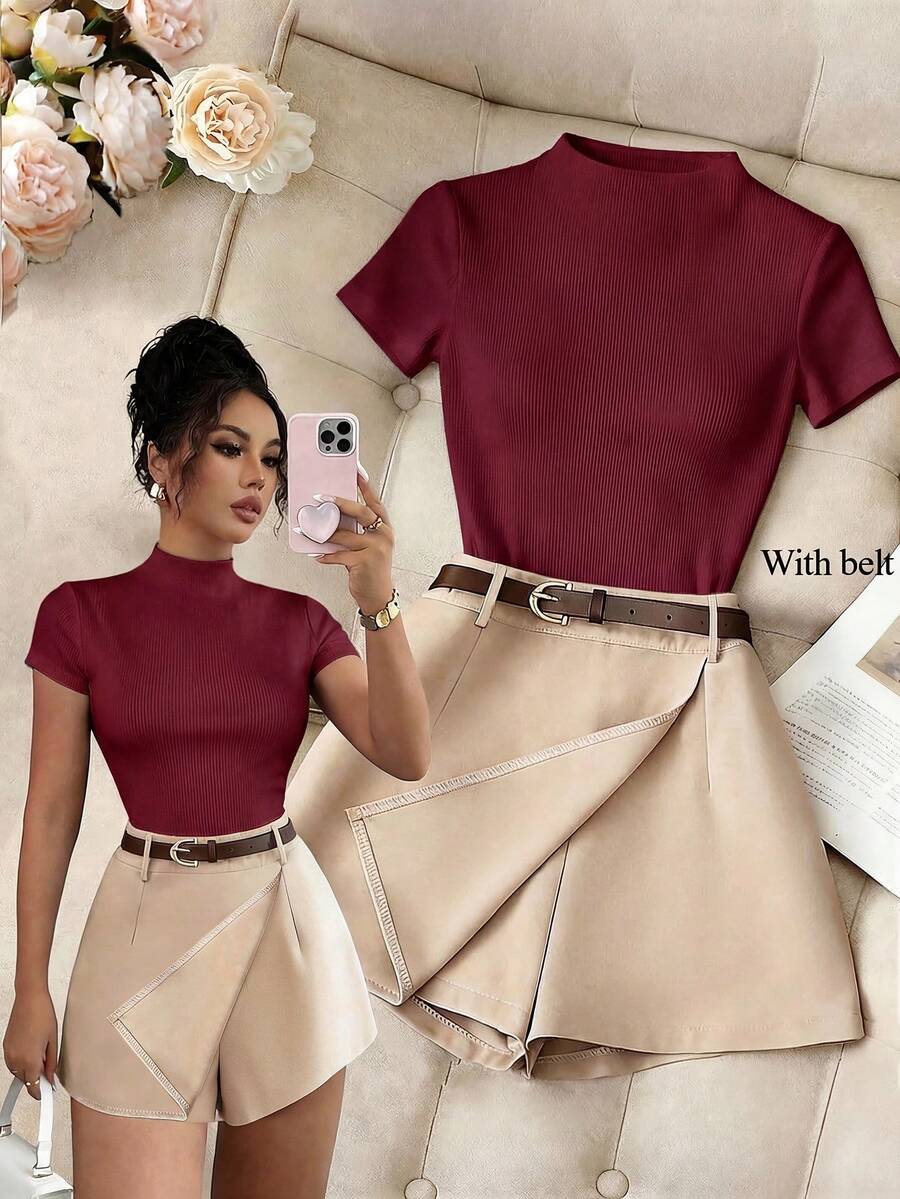 Franclia Bộ đồ nữ thanh lịch và giản dị gồm áo thun cổ cao tay ngắn màu trắng phối quần culottes ngắn dáng rộng màu kaki kèm thắt lưng, thích hợp mặc hàng ngày, dự tiệc, hẹn hò lãng mạn hoặc đi nghỉ mát.