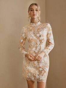 Anewsta Stand Collar Long Sleeve Luxury Sexy Embroidered Sequin Waist Cinched Dress Golf White Autumn - Gold - View 5