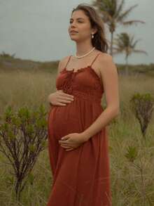 Boho Mama 孕妇夏季休闲纯色无袖连衣裙 - 紅木色 - 查看 2