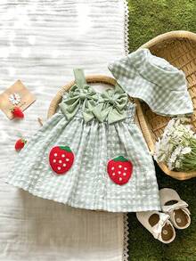 SHEIN Vintaside Kids 2件套女婴/幼儿柠檬印花吊带连体衣连衣裙，含帽子，休闲舒适，可爱百搭，适合日常穿着、度假和玩耍 - 彩色 - 查看 4