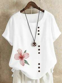 EMERY ROSE Plus Size Women Floral Print Round Neck Casual Versatile Daily Wear Shirt - White - View 1
