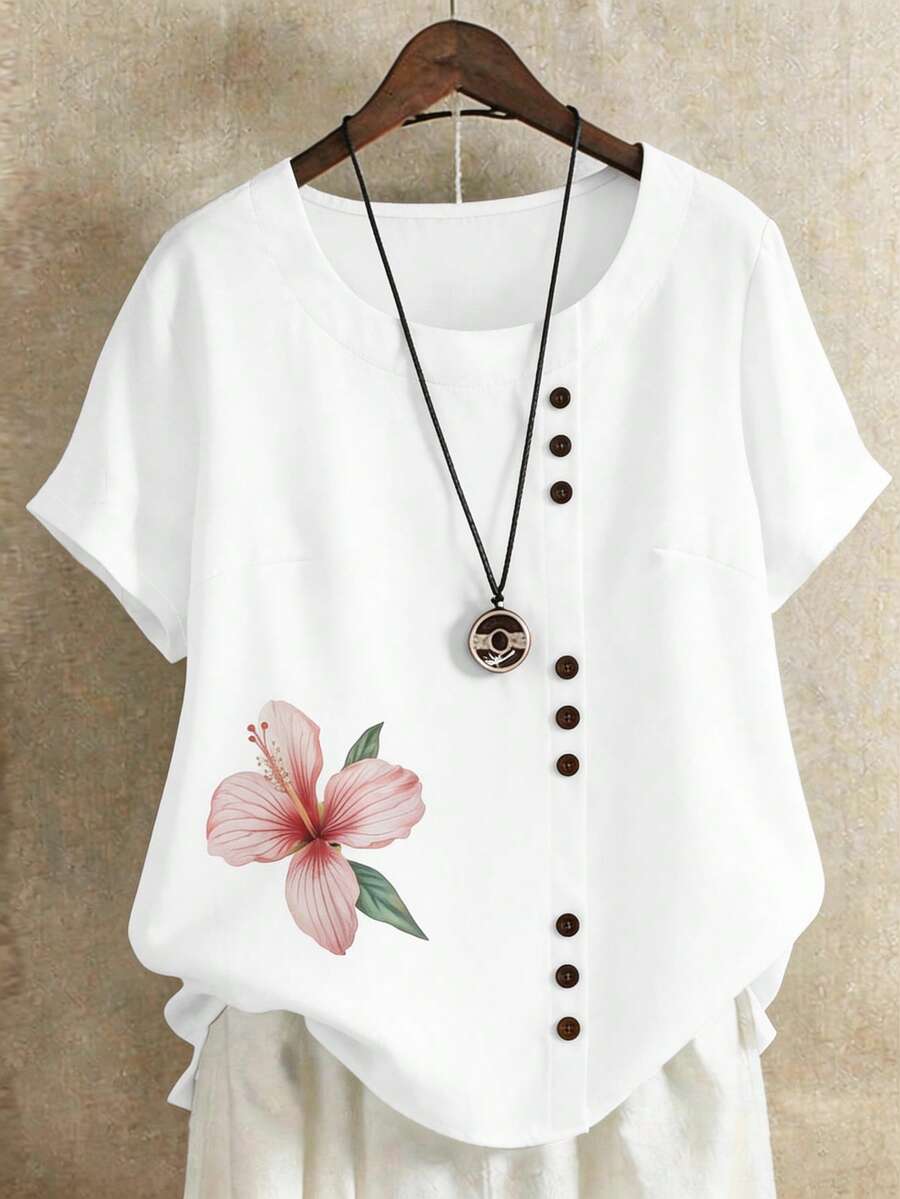 EMERY ROSE Plus Size Women Floral Print Round Neck Casual Versatile Daily Wear Shirt - White - View 1