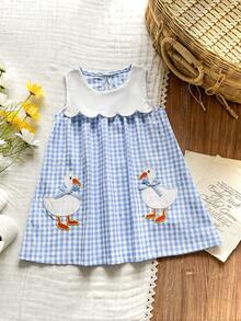 SHEIN Vintaside Kids Đầm không tay cổ tròn thêu hình vịt hoạt hình dễ thương cho bé gái mùa xuân/hè, đáng yêu và ngọt ngào. - Màu xanh lam - Xem 3