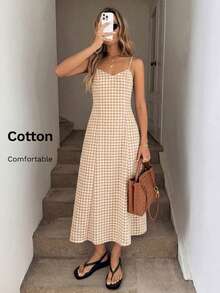 Easowa Vestido maxi de mujer de estilo minimalista casual a cuadros, adecuado para citas y fiestas. Vestidos de verano para mujer, vestido de picnic, vestidos casuales largos para mujer, atuendos de vacaciones, vestido de crucero para mujer, vestido maxi a cuadros largo sin mangas de mujer con cuello cuadrado y tirantes de espagueti con silueta de línea A para playa, vacaciones, verano, vestido de algodón, vestido de verano, vestido de playa, vestidos de vacaciones, atuendo de concierto de campo - Multicolor - Ver 3
