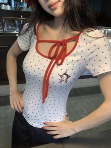 DAZY 女士休闲波点印花饰边前系带短袖T恤，夏季 - 紅色 - 查看 8