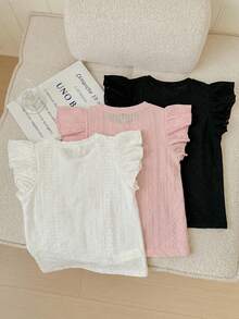 SHEIN LMoss Kids 3件套少女休闲提花针织纯色圆领短袖上衣 - 彩色 - 查看 2