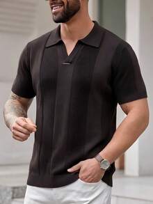 EASEVO Manfinity Brand - Men's Plus Size Solid Color Raglan Short Sleeve Half-Zip Knit Top, Vacation, Father's Day Gifts - Coffee Brown - View 1
