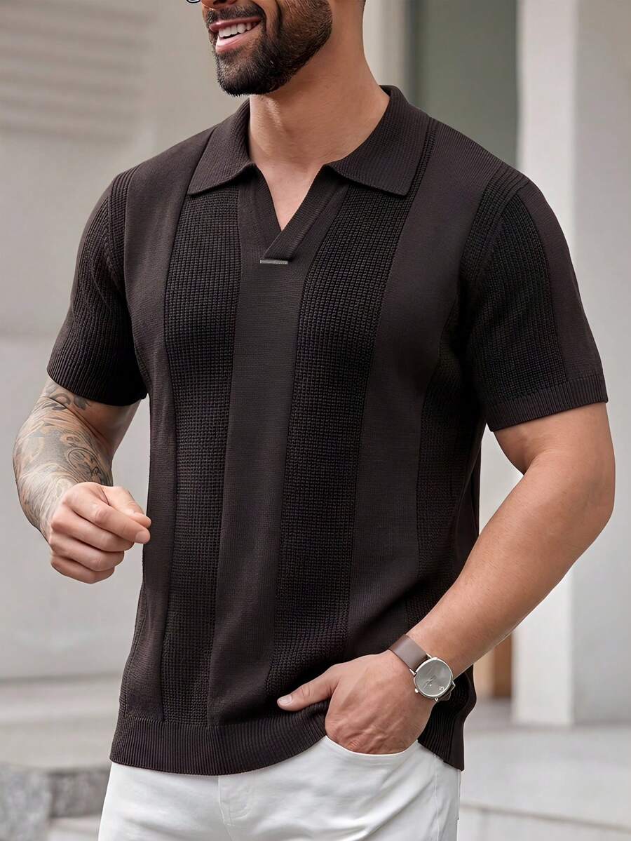 EASEVO Manfinity Brand - Men's Plus Size Solid Color Raglan Short Sleeve Half-Zip Knit Top, Vacation, Father's Day Gifts - Coffee Brown - View 1