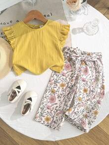 Baby Girl Baby Girl Casual Daily Comfortable Round Neck Ruffle Top Floral Pants Tank Top Set - Multicolor - View 5