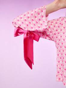 Notgurli Conjunto de pijama de mujer con estampado de corazón y lazo, ropa de otoño e invierno - Rosa - Ver 5