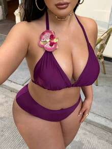 Swim SXY Plus Size 3pcs Floral Accent Solid Color Sexy Women Swimwear Set - Purple - View 9