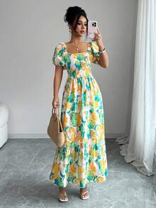 Women's Dress With Petal Sleeve Design, Square Neck And Fitted Waist With Print - Army Green - View 7