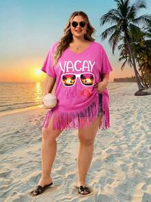 SHEIN CURVE+ Áo khoác ngoài dáng rộng in họa tiết cổ chữ V, cỡ US22, phong cách Bohemia, thích hợp cho lễ hội âm nhạc, kỳ nghỉ biển, kỳ nghỉ hè. - Màu Hồng Tươi - Xem 7