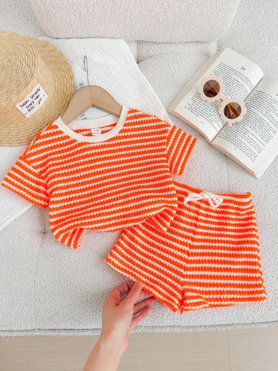 LMoss Kids Bộ 2 món áo thun cổ tròn kẻ sọc dệt kim cho bé gái và quần short - trái cam - Xem 1