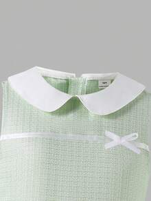SHEIN Elladie kids 少女彼得潘领3D蝴蝶结花卉装饰褶皱下摆A字连衣裙，优雅百搭，舒适时尚 - 綠色 - 查看 4