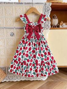 SHEIN Genkimix Kids Young Girl' Floral Print Exposed Waist Bow Decor Elegant Cap Sleeve Dress, Suitable For Summer Outings, Vacations, Parties - White - View 7