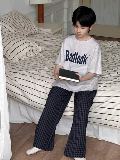 DAZY 男童休闲睡衣套装，短袖格子衬衫和长裤，适合居家休闲或外穿，大码